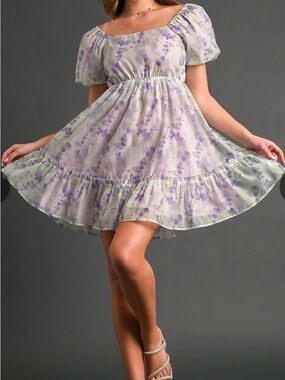 Umgee Lavender Floral Puff Sleeve Mini Dress